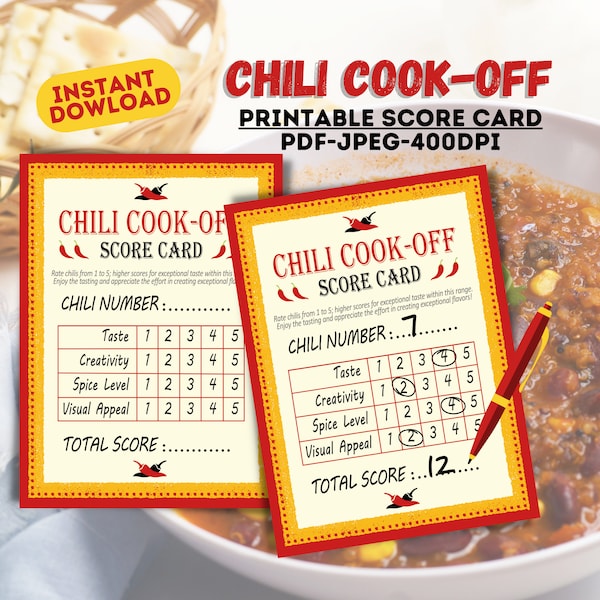 Printable Chili Cook Off Score Cards, Chili Scoreboard Labels, Chili Cook Off Jury Score Cards, Chili Competition Sheets, Chili Jury Scoring