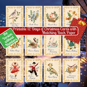 12 dagen kerstkaarten zonder cijfers, Twaalf dagen kerstkaartjes, 12 dagen kerst vintage, 12 dagen kerst afdrukbare tags