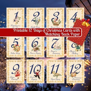 12 dagen kerstkaarten, Twaalf dagen kerstkaartjes, 12 dagen kerst vintage, 12 dagen kerstcadeaus afdrukbare cadeaukaartjes, ornament