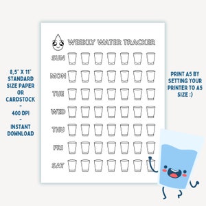 May include: Printable weekly water tracker with a cute cartoon water drop. The tracker has 7 rows for each day of the week and 8 columns for glasses of water. The tracker is designed to be printed on 8.5 x 11 inch standard size paper or cardstock at 400 DPI. The text "PRINT A5 BY SETTING YOUR PRINTER TO A5 SIZE :)" is in the top right corner of the page.