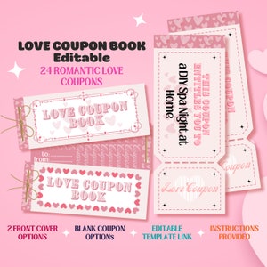 Bearbeitbares Liebes Couponbuch, 24 druckbare romantische Liebe Gutscheine, Geschenk für, Valentinstag DIY, personalisierte digitale Paare Coupon Vorlage