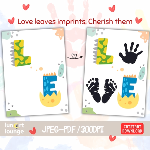 Dino Love Handprint Arts, Baby Handprint Crafts Love, Baby FootPrint, DIY Art for Baby Toddler Keepsake, Printable Gift from Baby, Dinosaur