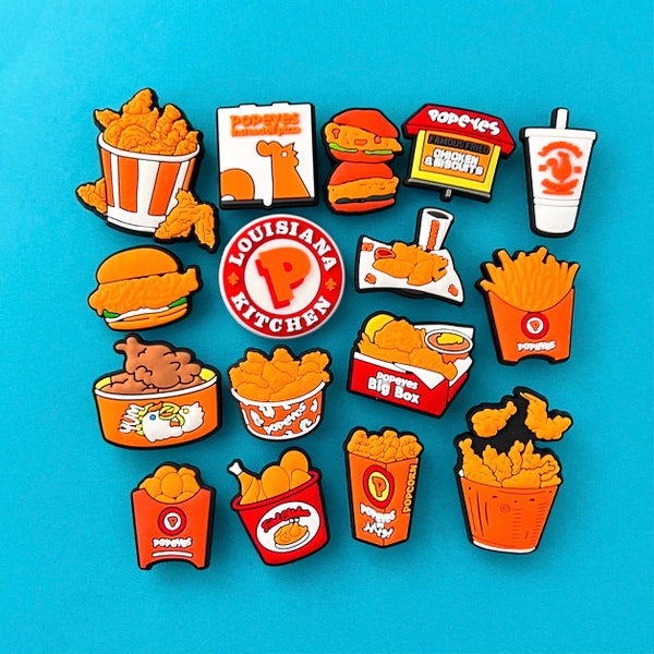 Popeyes Fried Chicken Charms - Louisiana Fast Food Nuggets, Fries, Biscuits, Pizza, Shrimp, Bucket, Chicken Sandwich Shoe Clog Charms