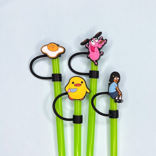 Funny Cartoon Straw Toppers - Cute Egg Gude Animal Stanley Tumbler Straw Covers - Courage Pink Dog, Tina Twerking, Violent Duck Party Favors