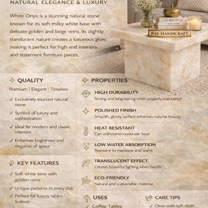 Puede incluir: Piedra natural de &oacute;nix blanco, conocida por su base blanca lechosa suave con vetas doradas y beige. La imagen muestra una mesa de centro hecha de esta piedra, con texto que destaca sus propiedades y usos. La piedra es resistente al calor y tiene un acabado pulido.
