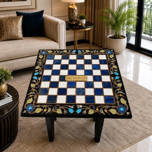Handmade Black Marble Inlay Chess Table, Pietra Dura Gemstone Chess Board, Luxury Game Table, Marble Coffee Table, Gift for Chess Lovers