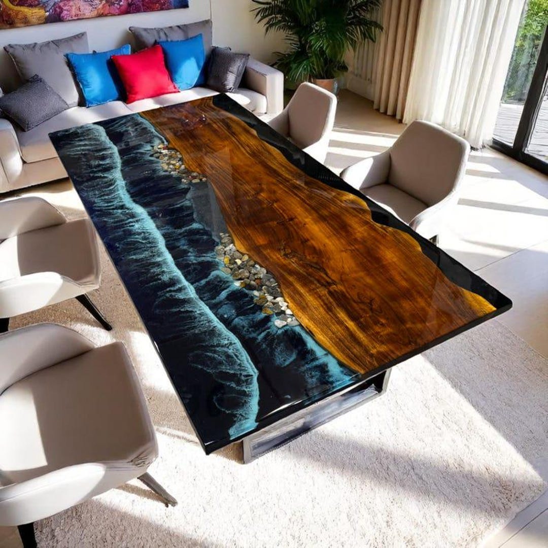 Ocean Epoxy Acacia Wood Dining Table: Custom Handmade Patio Furniture ...