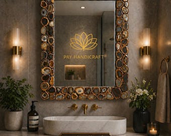 Lustro ścienne z agatem | Lustro dekoracyjne z luksusowej geody kryształowej | Ręcznie robiona dekoracja ścienna z kamieni szlachetnych | Nowoczesne lustro łazienkowe | Wyjątkowy wystrój domu