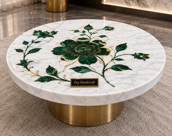 Vit marmor med malakitblommor | Handgjord naturstensdekor | Lyxig grön ädelstensinläggning | Elegant heminredning