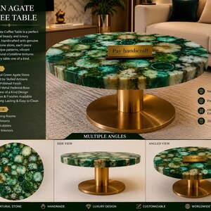 May include: A round coffee table featuring a top made of green agate stone slices with a high-gloss polished finish. The table is supported by a sturdy, cylindrical gold-colored metal pedestal base. A small rectangular sign reads Pay handicraft.