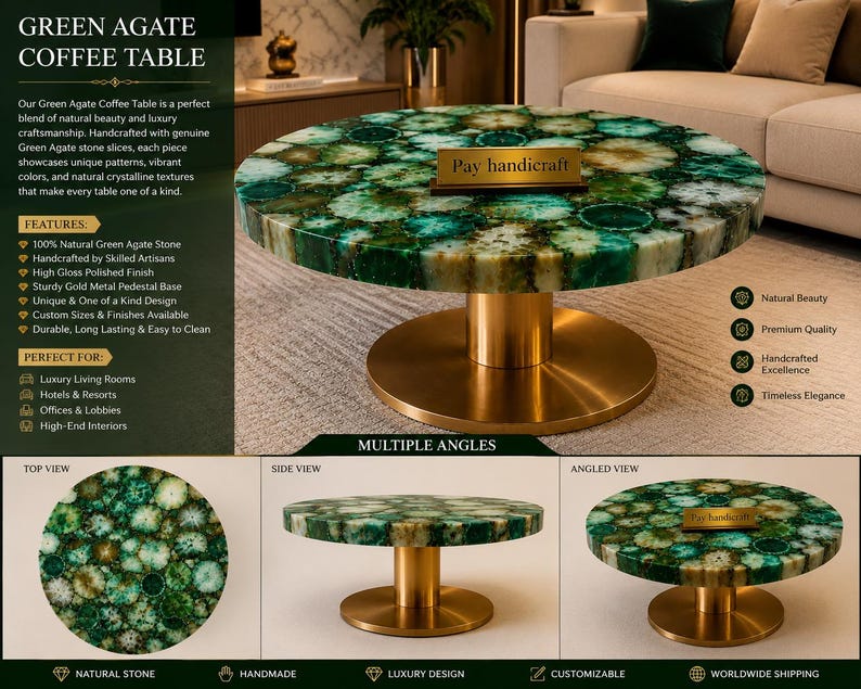 May include: A round coffee table featuring a top made of green agate stone slices with a high-gloss polished finish. The table is supported by a sturdy, cylindrical gold-colored metal pedestal base. A small rectangular sign reads Pay handicraft.