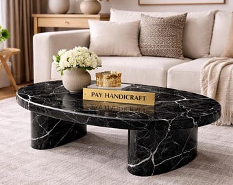 Nero Marquina Oval Coffee Table with Base Legs | Black Marble Center Table | Luxury Modern Living Room Table | Handmade Stone Furniture