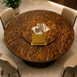 Tiger’s Eye Tabletop with Lazy Susan|Luxury Gemstone Dining Centerpiece|Handmade Semi Precious Stone Serving Tray|Custom Rotating TableDecor