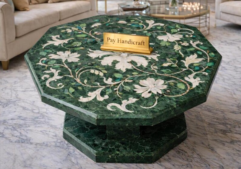 Luxury Green Marble Table|Handmade Natural Stone Coffee Table|Marble Side Table|Elegant Living Room Decor|Handcrafted Marble Furniture image 3