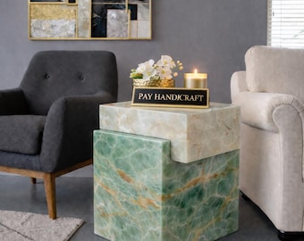 Mesa esquinera de mármol ónix blanco y verde | Mesa auxiliar de piedra de lujo hecha a mano | Mesa auxiliar moderna para sala de estar, dormitorio y decoración del hogar