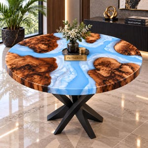 Blue Resin River Coffee Table with Burl Wood | Round Live Edge Epoxy Table | Handmade Luxury Wood & Resin Center Table