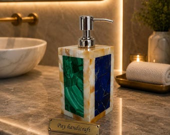 Handgemaakte zeepdispenser van edelstenen | Badkamerdecoratie met lapis lazuli, malachiet en parelmoer | Luxe accessoire voor de badkamer | Uniek cadeau