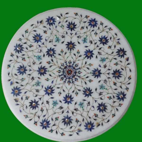 18" x 18" Round Marble corner side Inlay Table Top Semi Precious Stones handmade Pietra Dura work