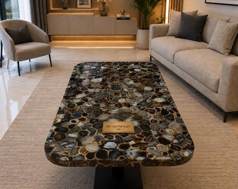 Black Agate Coffee Table|Handmade Rectangle Gemstone Inlay Table|Luxury Living Room Furniture |Custom Marble Coffee Table |Modern Home Decor