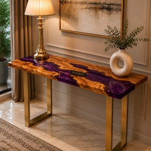Purple Epoxy River Console Table | Live Edge Wood Entryway Table | Handmade Resin Console | Luxury Hallway Sofa Table | Modern Home Decor