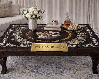 Stolik kawowy i jadalny z intarsją z marmuru w stylu jeździeckim – ręcznie robiony stolik z kamienia z motywem konia | Luksusowe meble z marmuru artystycznego | Dekoracja stołu z intarsją na zamówienie