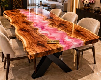 Rosa och vitt matbord i harts med akacieträ | Handgjort epoxiflodbord | Moderna lyxiga matmöbler | Specialdesignat trähartsbord