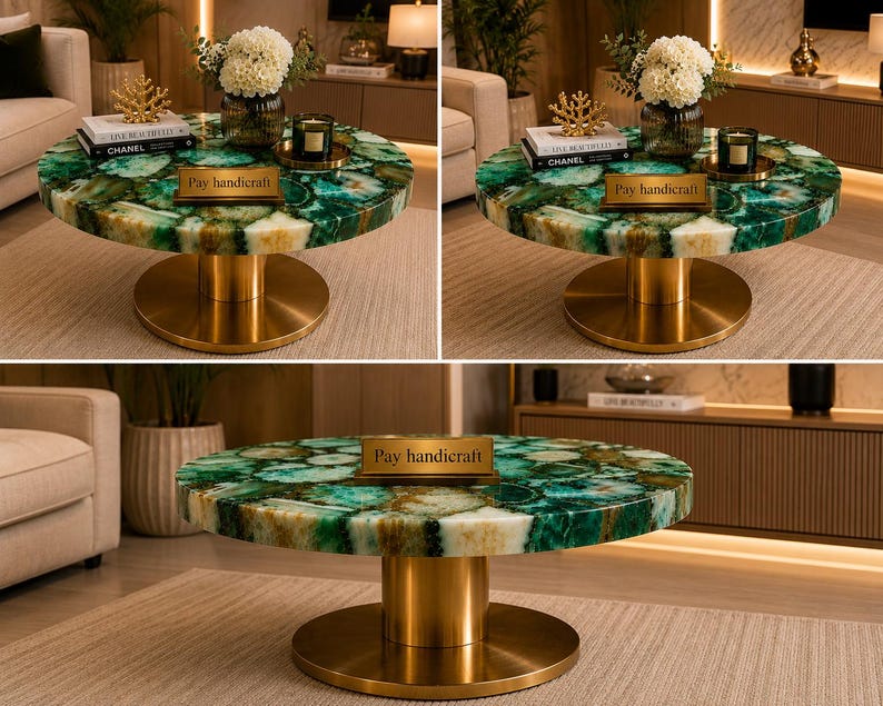 May include: A round coffee table featuring a green and white agate stone top with a polished finish. The table is supported by a cylindrical gold metal base and a circular floor plate. A small rectangular sign reads Pay handicraft.