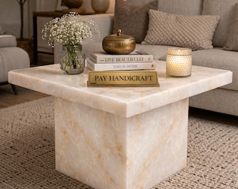 Square White Onyx Coffee Table with Cubical Base|Luxury Natural Stone Center Table|Modern Living Room Accent Table|Handmade Marble Furniture