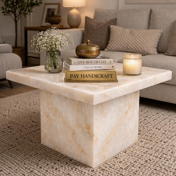 Square White Onyx Coffee Table with Cubical Base|Luxury Natural Stone Center Table|Modern Living Room Accent Table|Handmade Marble Furniture
