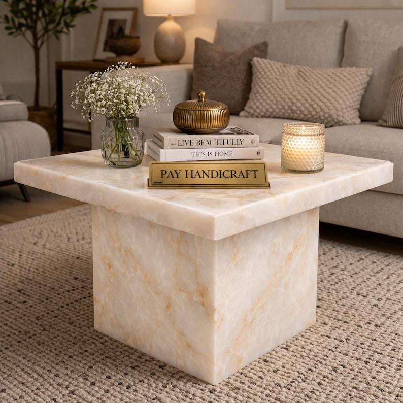 Puede incluir: Mesa de centro cuadrada con aspecto de m&aacute;rmol en crema y dorado. Presenta un patr&oacute;n veteado y sostiene un jarr&oacute;n de cristal con flores blancas, libros, un recipiente dorado, una vela y un letrero de lat&oacute;n con "PAY HANDICRAFT".