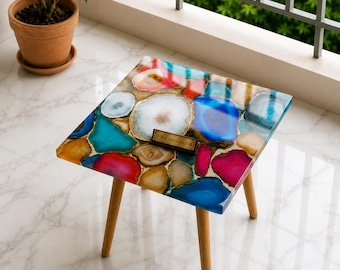 Vibrant Square Agate Geode Table Top | Handmade Gemstone Coffee Table | Luxury Stone Decor | Modern Accent Furniture