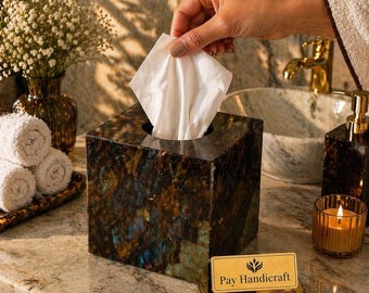 Funda para caja de pañuelos de labradorita | Soporte para pañuelos de piedra preciosa natural hecho a mano | Decoración de baño de lujo | Detalle moderno para el hogar | Idea de regalo única