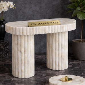 Consoletafel van wit onyxmarmer – Luxe handgemaakte stenen tafel met 71 cm onderstel | Moderne meubels voor entree, hal en woonkamer