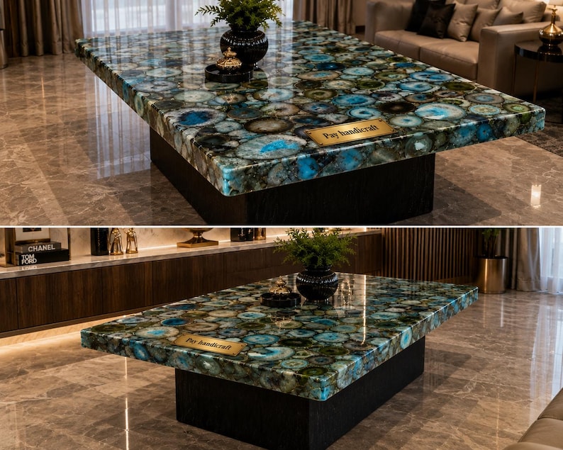 Natural Agate Dining Table Top | Handmade Luxury Gemstone Table | Custom Dining Table | Semi Precious Stone Furniture | Home Decor Gift Bild 4
