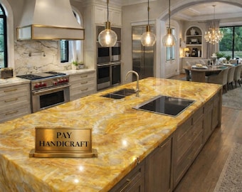 Yellow Onyx Marble Dining Table Top | Handmade Natural Stone Tabletop | Luxury Dining Room Furniture | Custom Onyx Table Top Decor