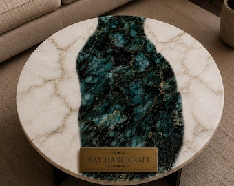 Labradorite River Coffee Table with White Agate Inlay | Handmade Luxury Crystal Coffee Table | Epoxy Resin & Wood Statement Furniture