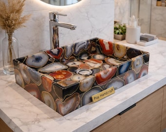 Premium Multicolored Agate Vessel Sink | Rare Luxury Gemstone Bathroom Basin | Handcrafted Natural Stone Vanity Sink |Unique Bathroom Decor