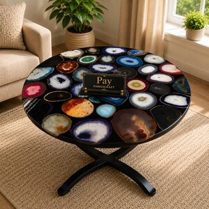 Multicolor Agate Coffee Table with Gold Base | Handcrafted Gemstone Tabletop | Luxury Crystal Accent Table | Modern Living Room Decor