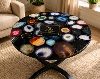 Multicolor Agate Coffee Table with Gold Base | Handcrafted Gemstone Tabletop | Luxury Crystal Accent Table | Modern Living Room Decor