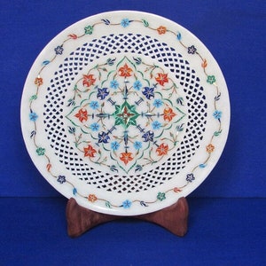 9&quot; Marble White Plate Handmade Floral Inlay Lapis Precious Gemstones For Home Decor