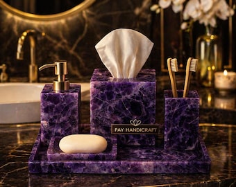 アメジスト バスルームセット | クリスタル スパ デコレーションセット | 高級パープルストーン バスルームアクセサリー | ソープディスペンサー トレイ ジャー ティッシュボックス | 化粧台ギフト