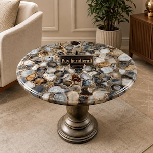 Handcrafted Brown  Grey Agate Table Top – Multicolored Gemstone Accent Table for Luxury Home Decor |Semi Precious Stone Coffee & Side Table