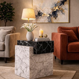 Calacatta  and Nero Marquina Marble Corner Table | Luxury Marble Side Table | Black & White Stone Accent Table | Modern Home Decor Furniture