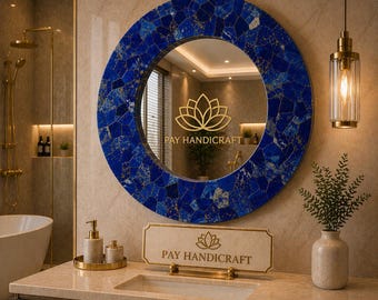 Espejo redondo con detalles de lapislázuli natural real | Espejo de pared hecho a mano | Espejo de lujo de piedra azul | Decoración para el baño | Regalo único para el hogar