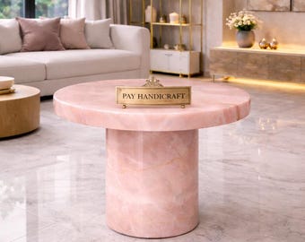 Mesa de centro redonda de ónix rosa | Mesa de centro de mármol de lujo | Mesa auxiliar de piedra natural | Decoración moderna para sala de estar | Muebles de ónix hechos a mano