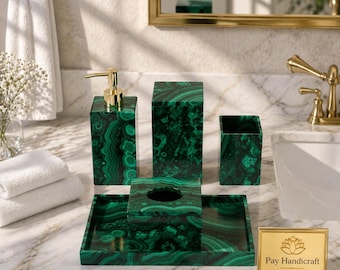 Juego de accesorios de baño de malaquita de lujo | Decoración de baño de piedra verde hecha a mano | Dispensador de jabón y bandeja para cepillos de dientes | Juego para encimera de tocador
