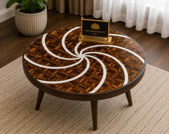 Plateau de table d'appoint fait main en œil de tigre et nacre – Table d'appoint de luxe en pierre précieuse avec piètement trépied – Décoration artisanale