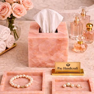 Juego de bandejas de tocador de cuarzo rosa | Organizador de baño de cristal de lujo | Bandeja de maquillaje de piedra rosa | Bandeja para perfumes | Elegante regalo de decoración para el hogar