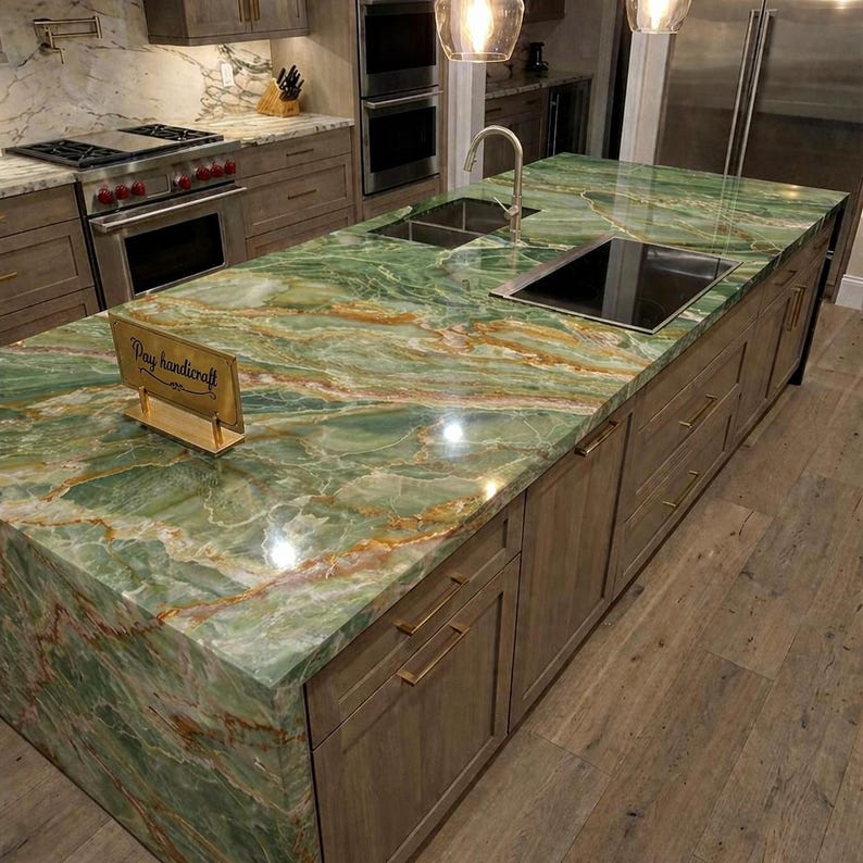 Custom Green Onyx Marble Kitchen Island, Luxury Stone Kitchen Island ...