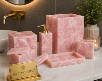 Rose Quartz Bathroom Set|Genuine Crystal Bathroom Accessories|Luxury Pink Gemstone Decor|Soap Dispenser Tissue Box Vanity Tray|Spa Gift Set